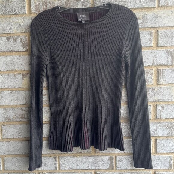 LEO & SAGE Long Sleeve Crew Neck Gray/Burgundy Ribbed Knit Sweater Size M - Picture 1 of 9